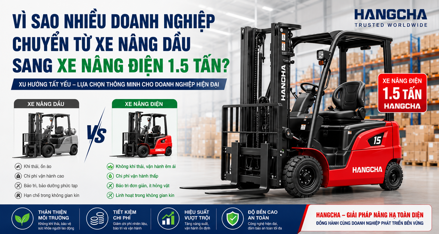 Tại sao doanh nghiệp lựa chọn chuyển dịch sang xe nâng điện 1.5 tấn pin axit dòng A