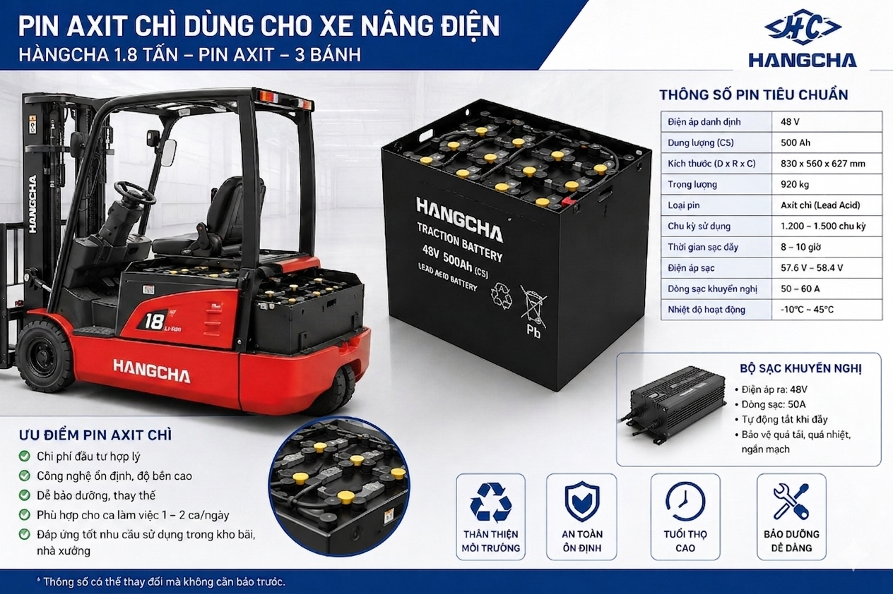 Xe nâng điện 1.8 tấn pin axit 3 bánh